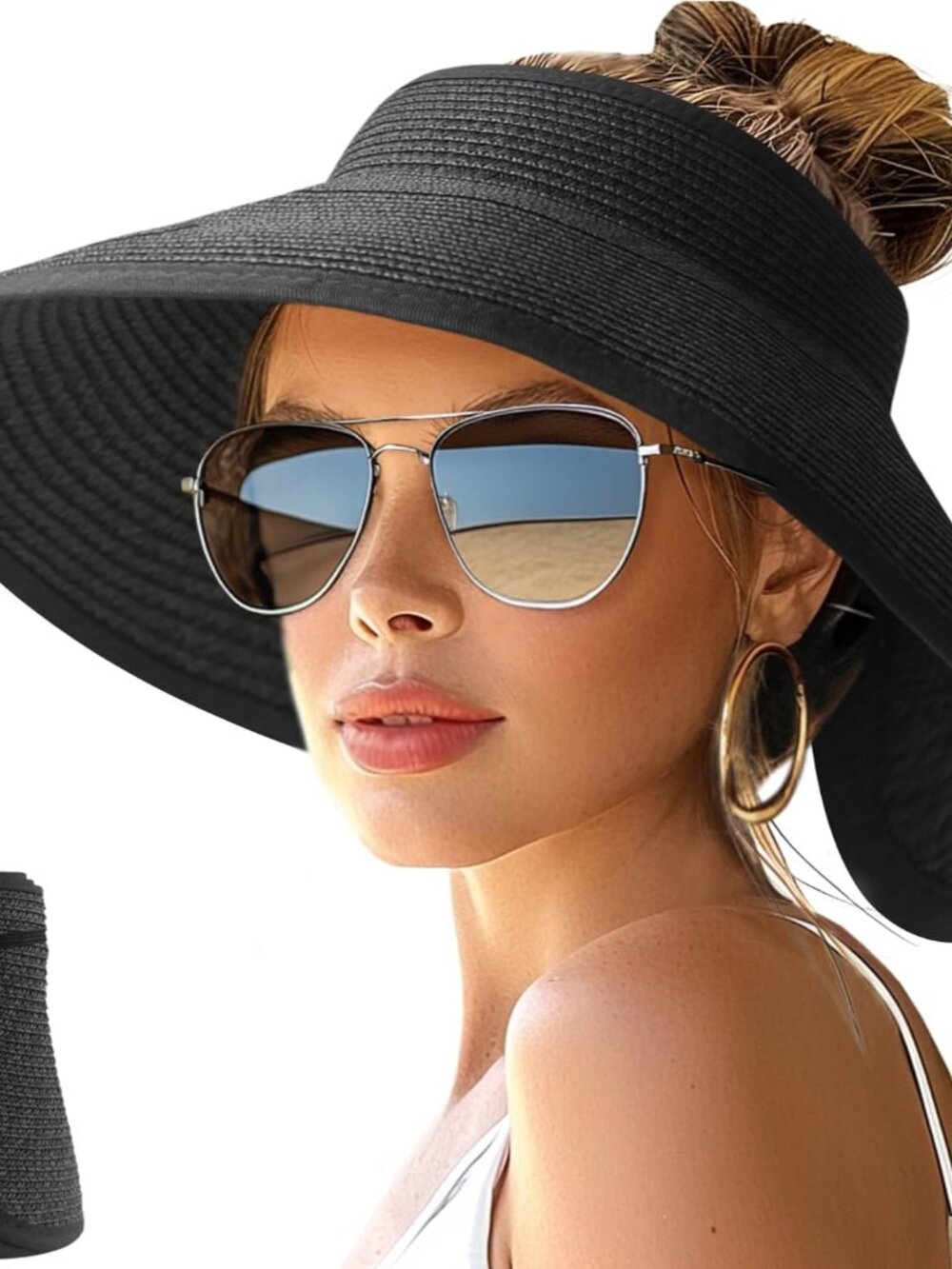 Sun Hats for Women Wide Brim Roll-Up Ponytail Packable Straw Visor - Picture 1 of 7